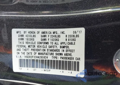 2017 Honda Accord Lx из США, поврежденный, VIN 1HGCR2F33HA285834